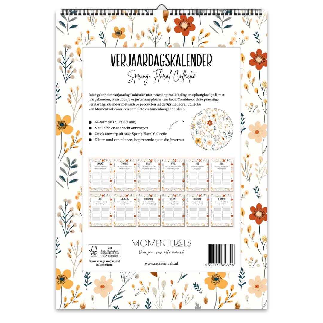 Verjaardagskalender wc zonder jaartal – ongedateerd en herbruikbaar met elegant Spring Floral design vol kleurrijke bloemen