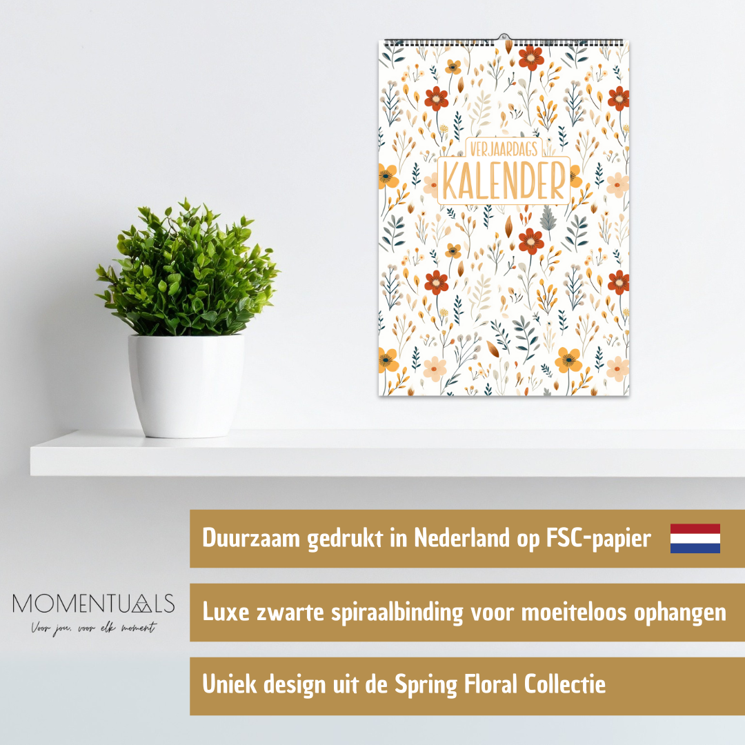 Verjaardagskalender wc zonder jaartal – ongedateerd en herbruikbaar met elegant Spring Floral design vol kleurrijke bloemen