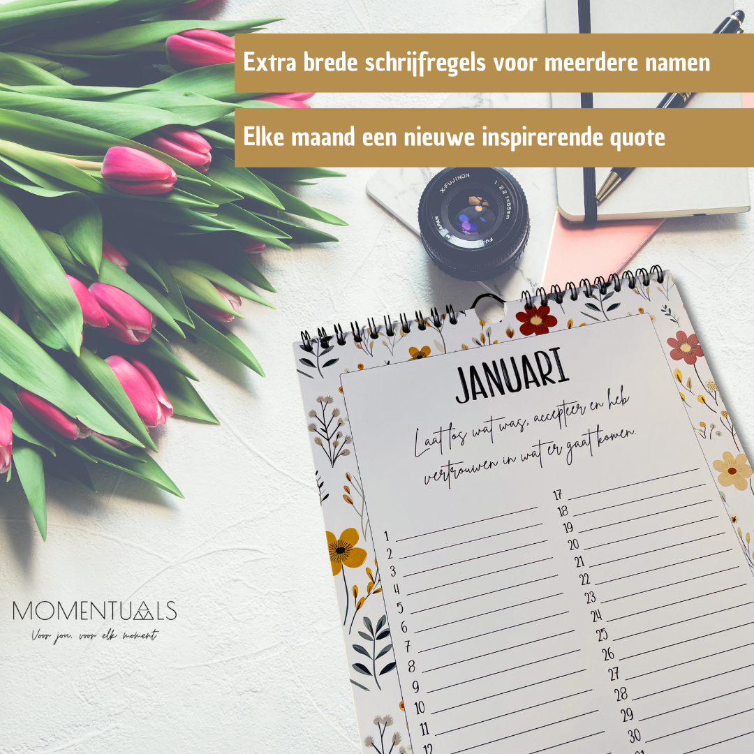 Verjaardagskalender wc zonder jaartal – ongedateerd en herbruikbaar met elegant Spring Floral design vol kleurrijke bloemen