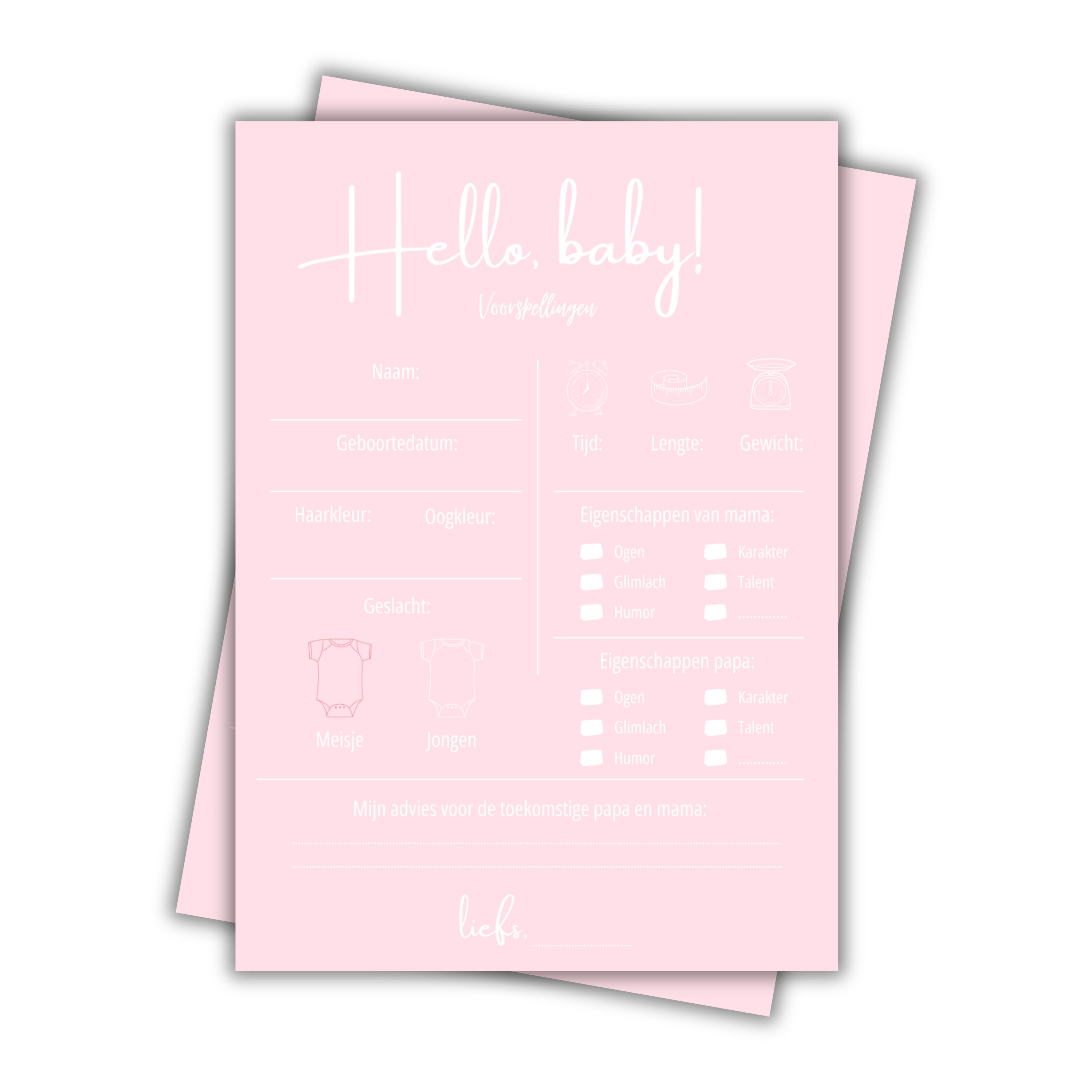 Leuke babyshower activiteit invulkaarten voor voorspellingen van de baby