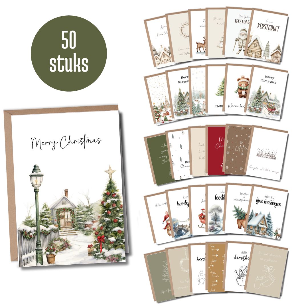 kerstkaarten 2025 bundel 50 stuks met enveloppen