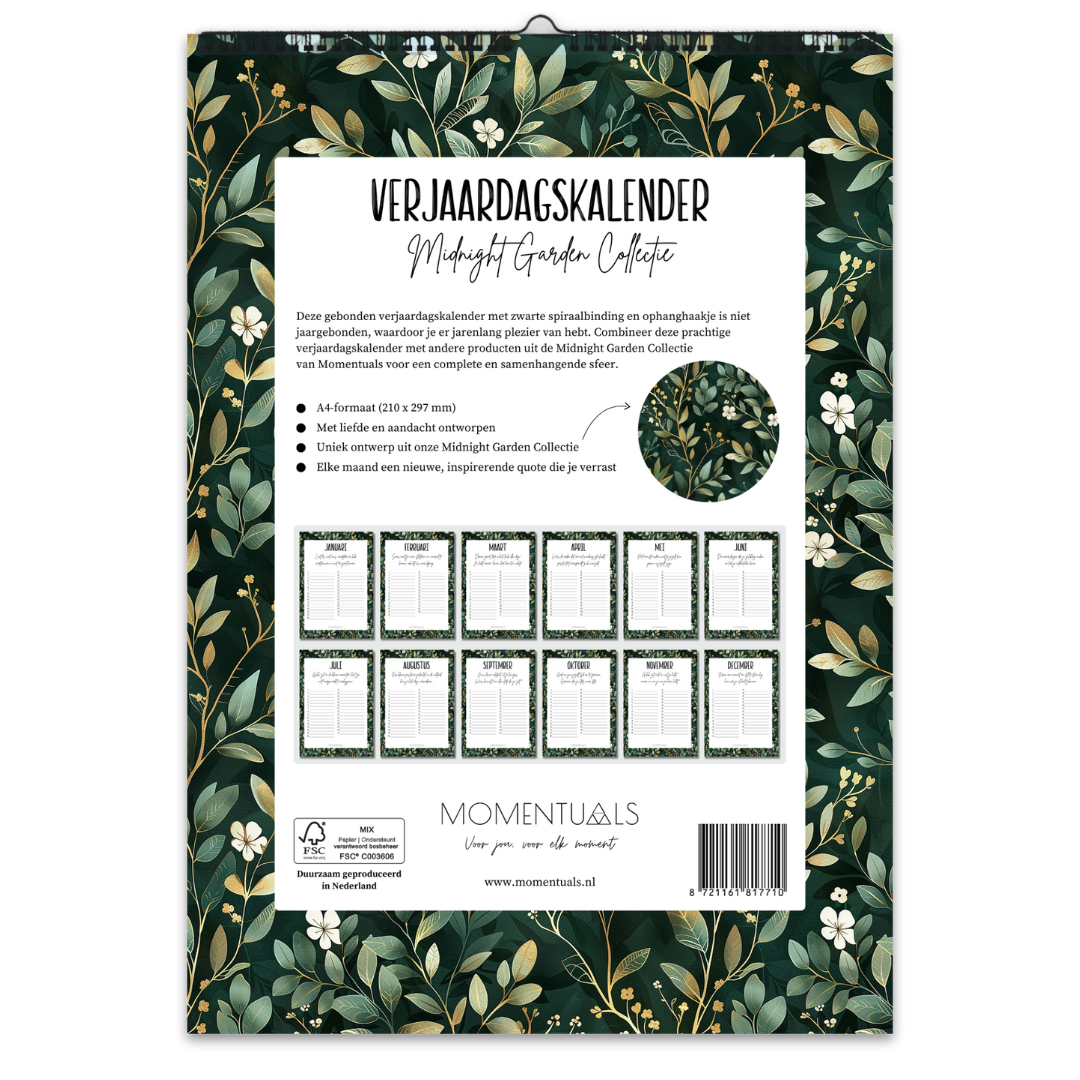 Verjaardagskalender zonder jaartal – ongedateerd en herbruikbaar met elegant Momentuals Midnight Garden design vol kleurrijke bloemen