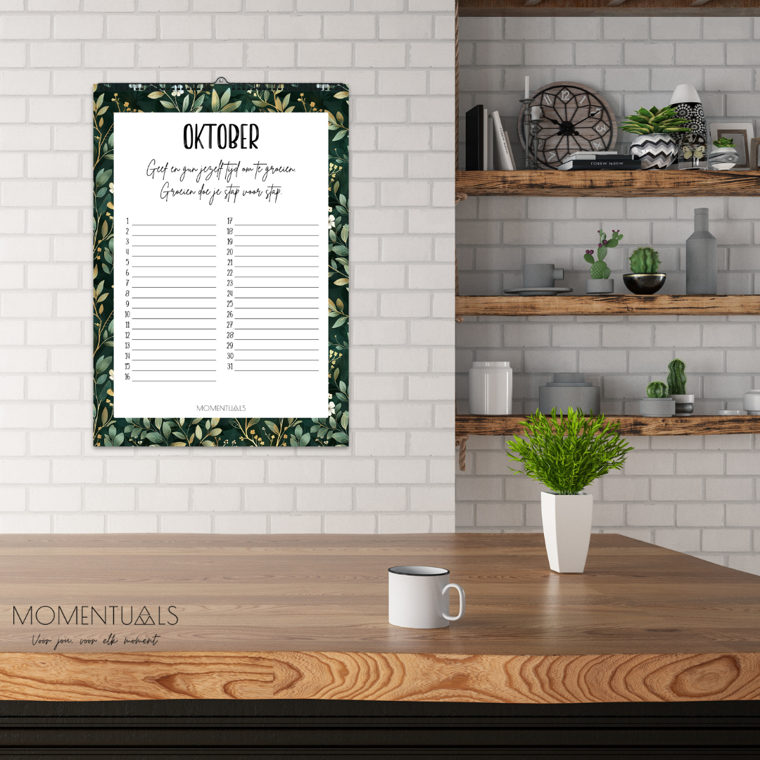 Verjaardagskalender zonder jaartal – ongedateerd en herbruikbaar met elegant Momentuals Midnight Garden design vol kleurrijke bloemen