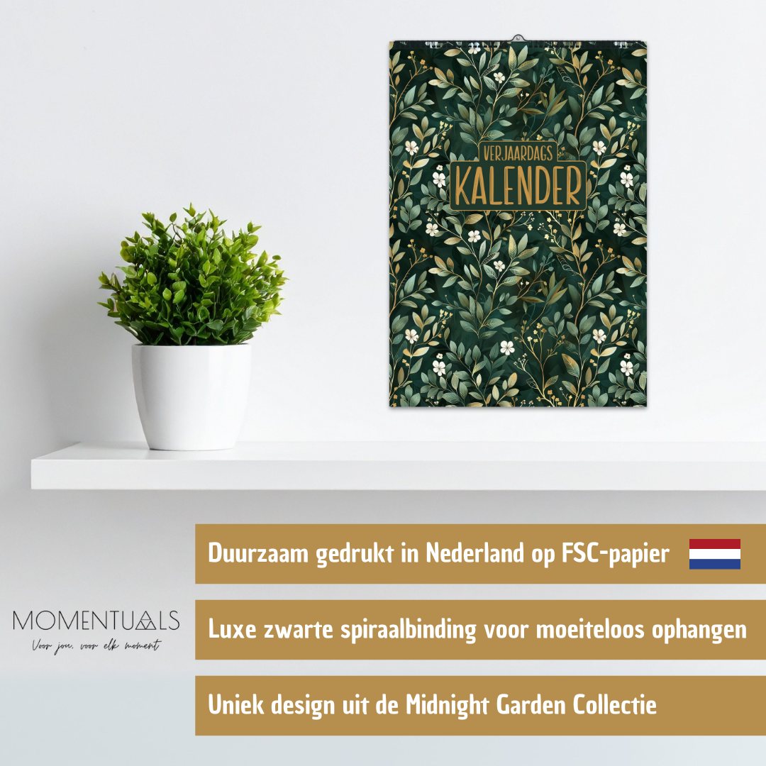 Verjaardagskalender zonder jaartal – ongedateerd en herbruikbaar met elegant Momentuals Midnight Garden design vol kleurrijke bloemen