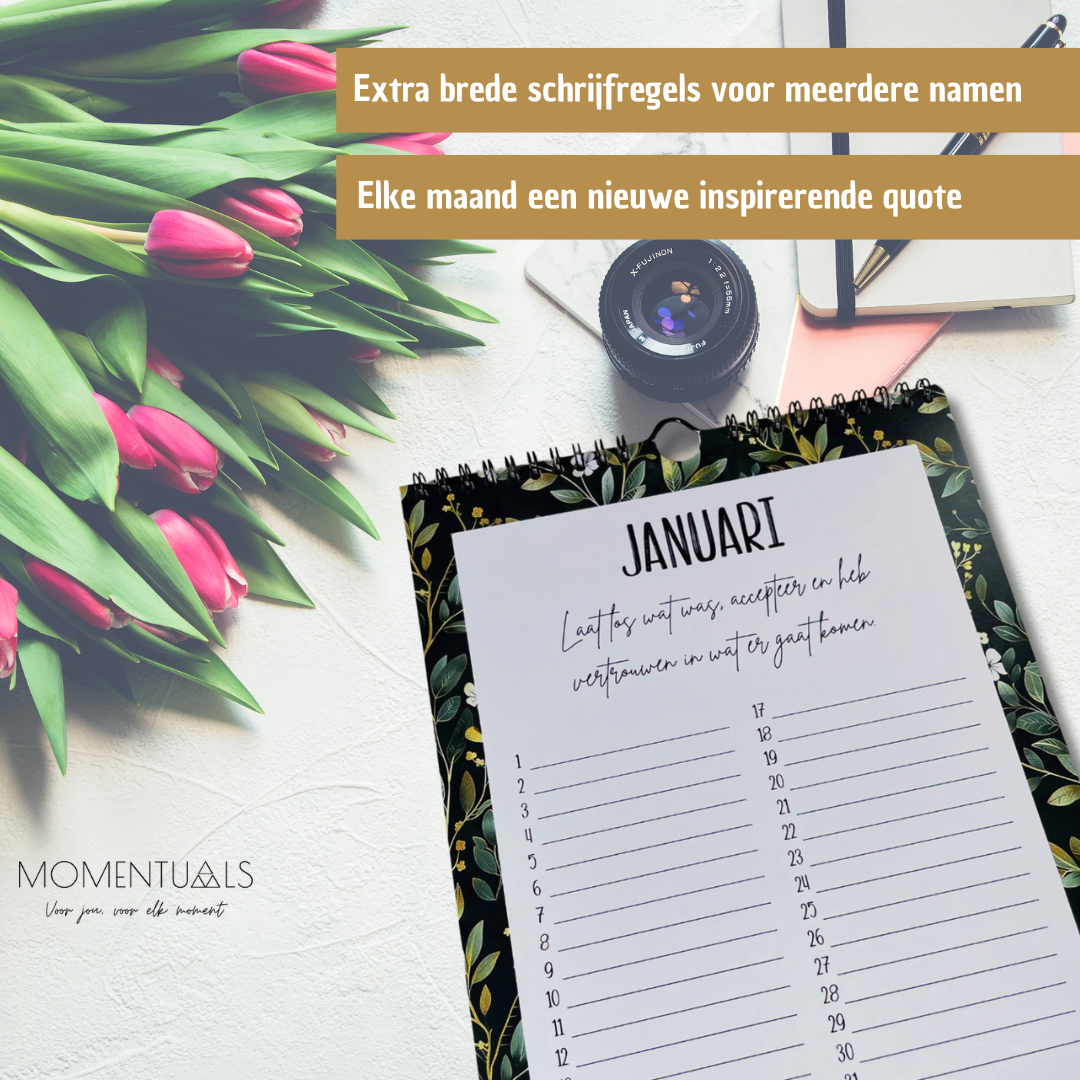 Verjaardagskalender zonder jaartal – ongedateerd en herbruikbaar met elegant Momentuals Midnight Garden design vol kleurrijke bloemen