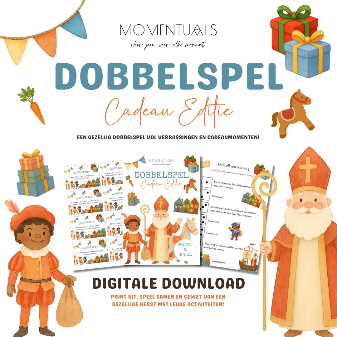 Cover van het Sinterklaas Dobbelspel met illustraties van Sinterklaas, Piet, paard, cadeaus en pakjesboot.