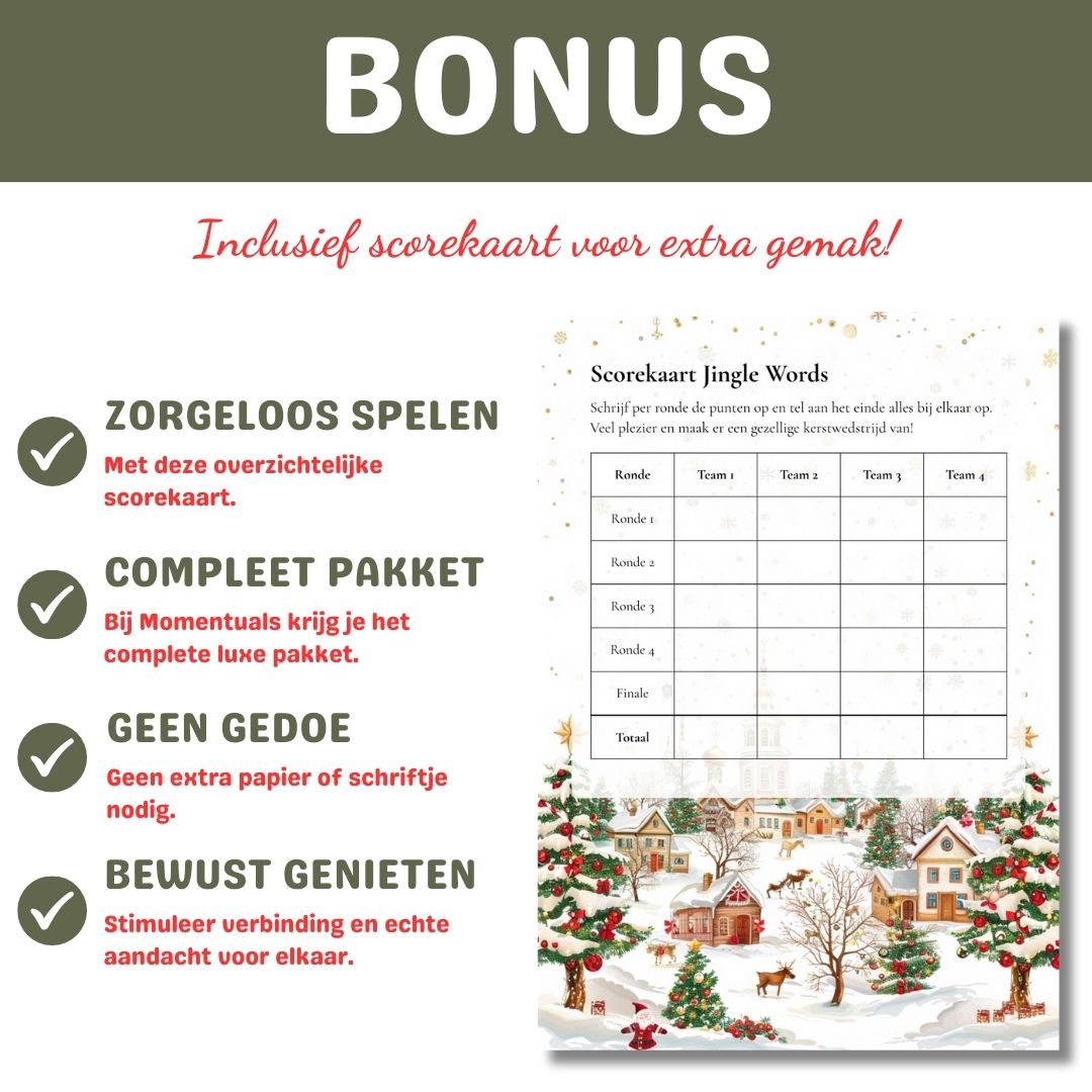 Scorekaart voor Jingle Words kerstspel – printbaar invulblad