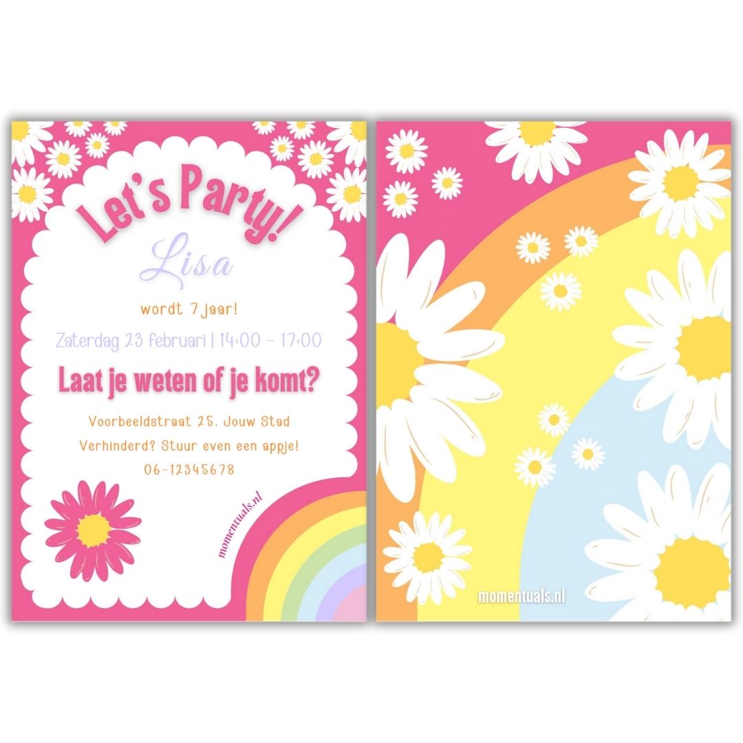 Uitnodiging-Kinderfeestje-zelf-maken-canva-regenboog-bloemen