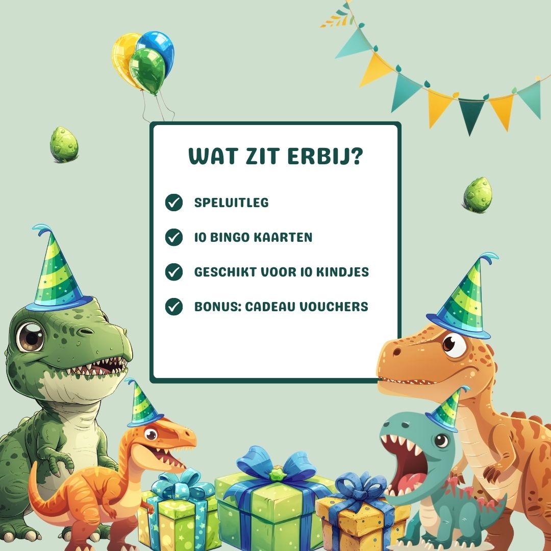 Inhoud van de dino opdrachten bingo printable met bingokaarten en beloningsvouchers