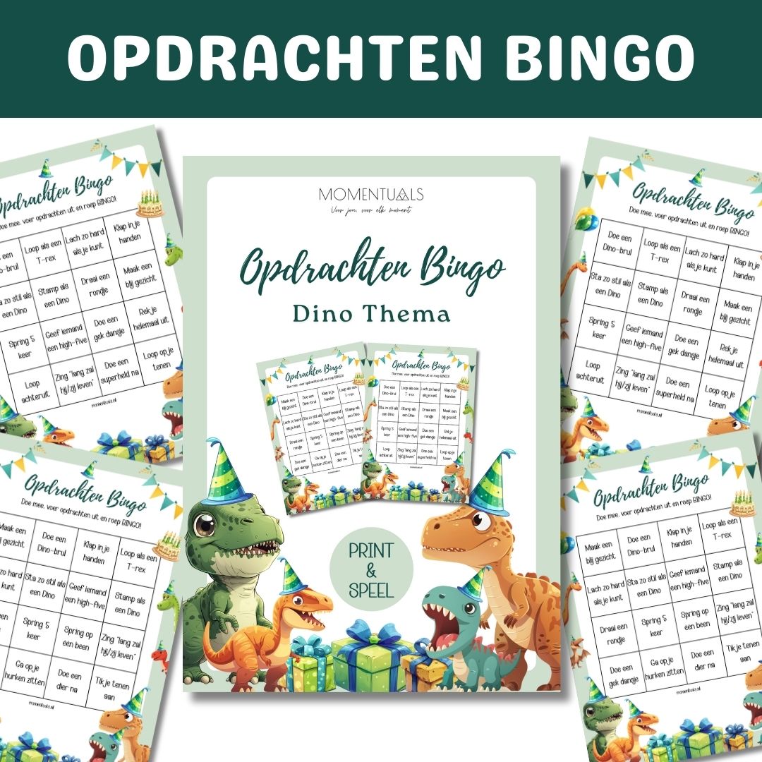 Voorbeeld van dino opdrachten bingo met bingokaarten voor kinderen