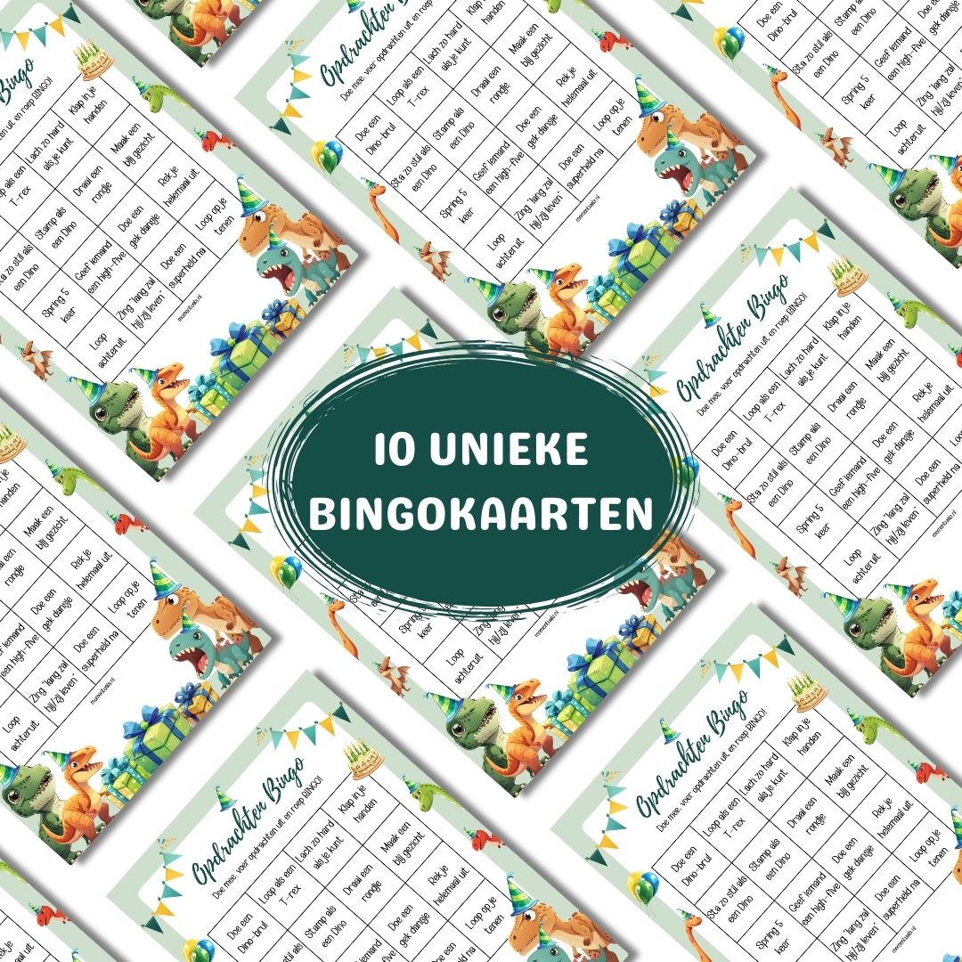 Set van 10 dino bingokaarten voor een kinderfeestje spel